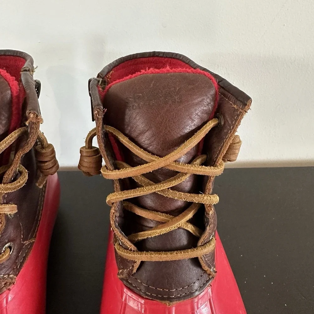 Women's Sperry Top-Sider Saltwater Rain Boots Leather Rubber Women's 6 Red Brown